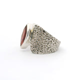 Faceted Garnet Sharp Oval Ring Bezel Set in Wide Textured Band of 925 Sterling Silver sz7