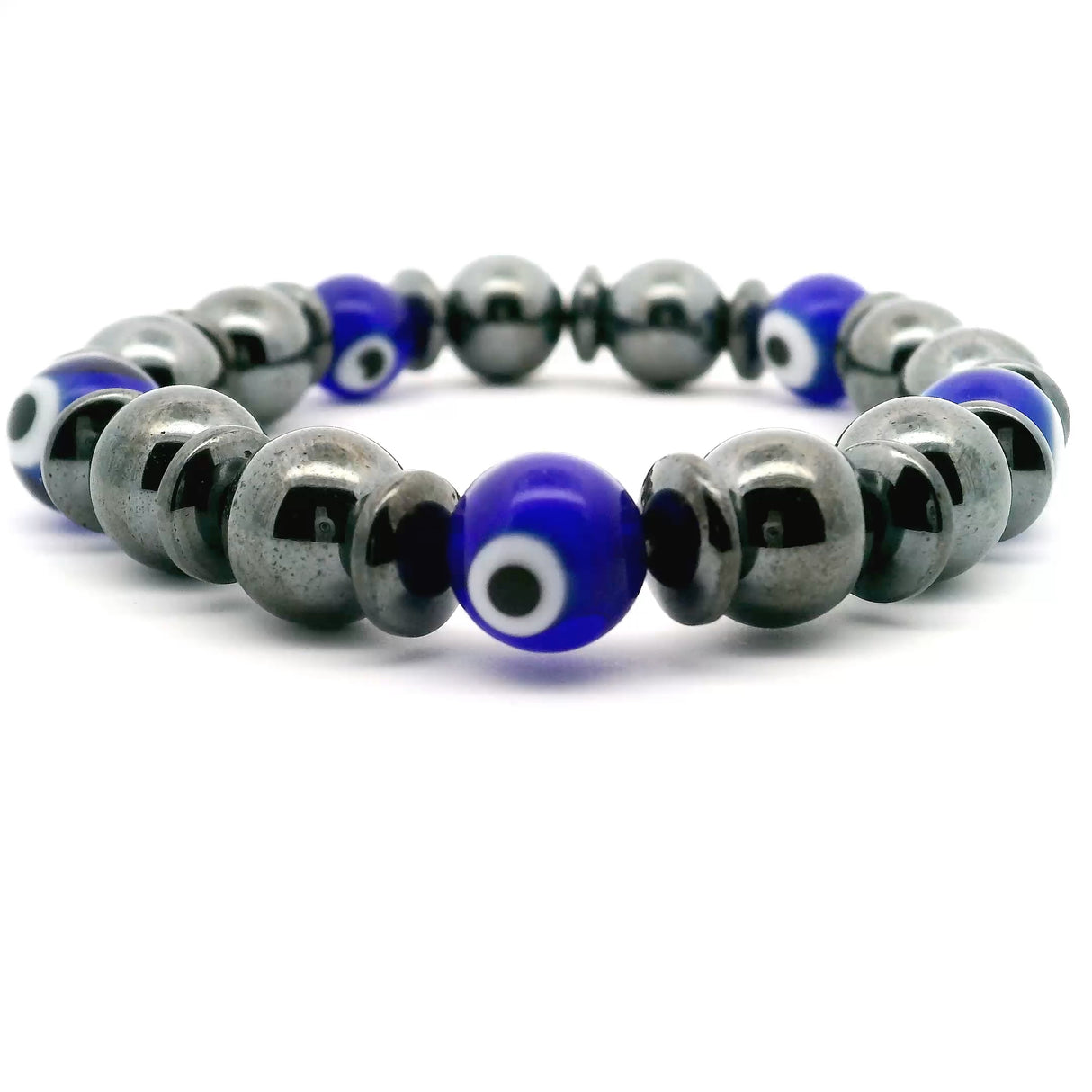 Hematite & Navy Evil Eye Beaded Bracelet 10mm Rounds with Hematite Rondells