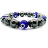 Hematite & Navy Evil Eye Beaded Bracelet 10mm Rounds with Hematite Rondells