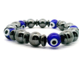 Hematite & Navy Evil Eye Beaded Bracelet 10mm Rounds with Hematite Rondells