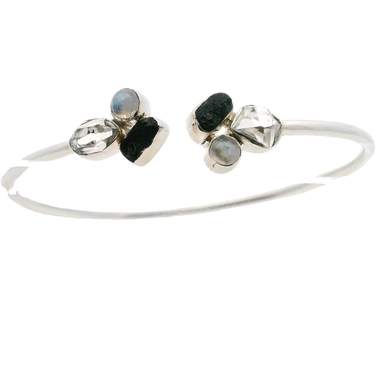 Herkimer Diamond Twist Bracelet - 2 Freeforms Each with Black Tourmaline Nugget & Dainty Round Rainbow Moonstone Bezel Set in 925 Sterling Silver
