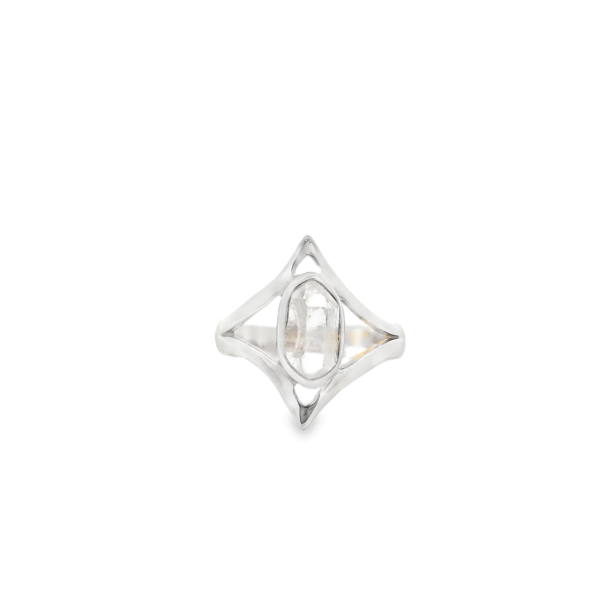 Herkimer Diamond Ring - Nugget Set in 925 Sterling Silver Bezel on Pointed Diamond Band sz7