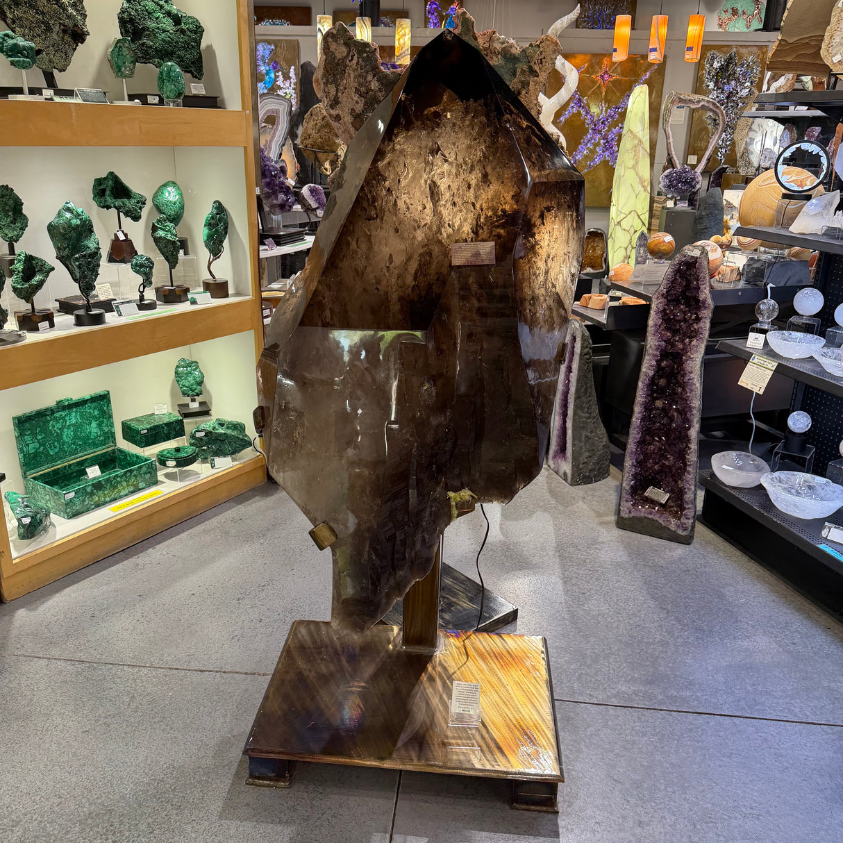Smoky Quartz Polished On Custom Metal Stand With Unpolished Pockets
