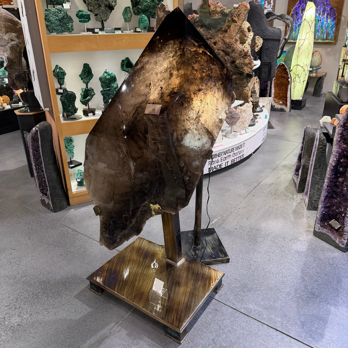 Smoky Quartz Polished On Custom Metal Stand With Unpolished Pockets