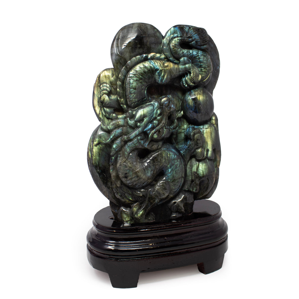 AA+ Labradorite Dragon with Ball Carving on Wood Base #13
