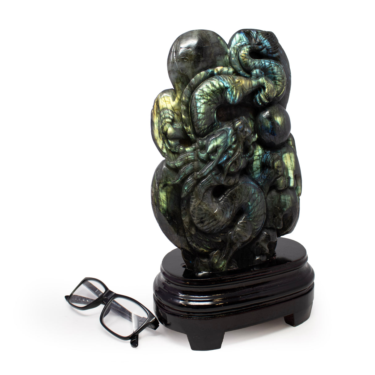 AA+ Labradorite Dragon with Ball Carving on Wood Base #13