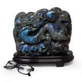 AA+ Labradorite Dragon with Ball Carving on Wood Base #18