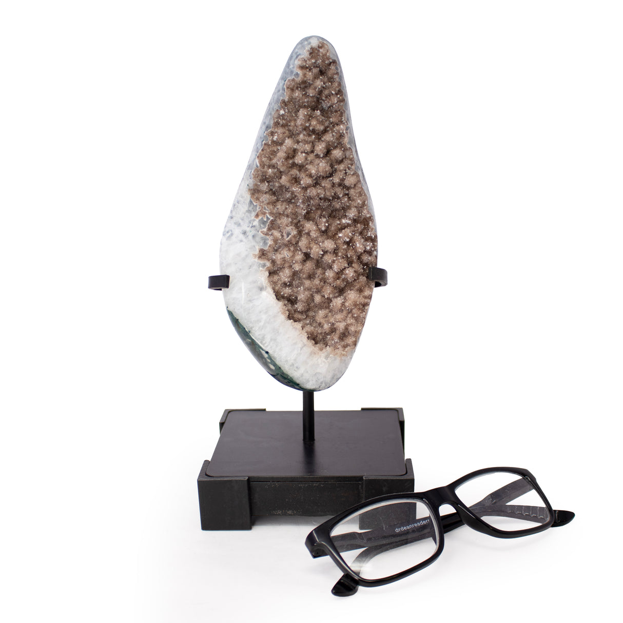 Quartz Druze Freeform Specimen With Elongated Figure & Dusty Mauve Druze Mounds on Custom Stand