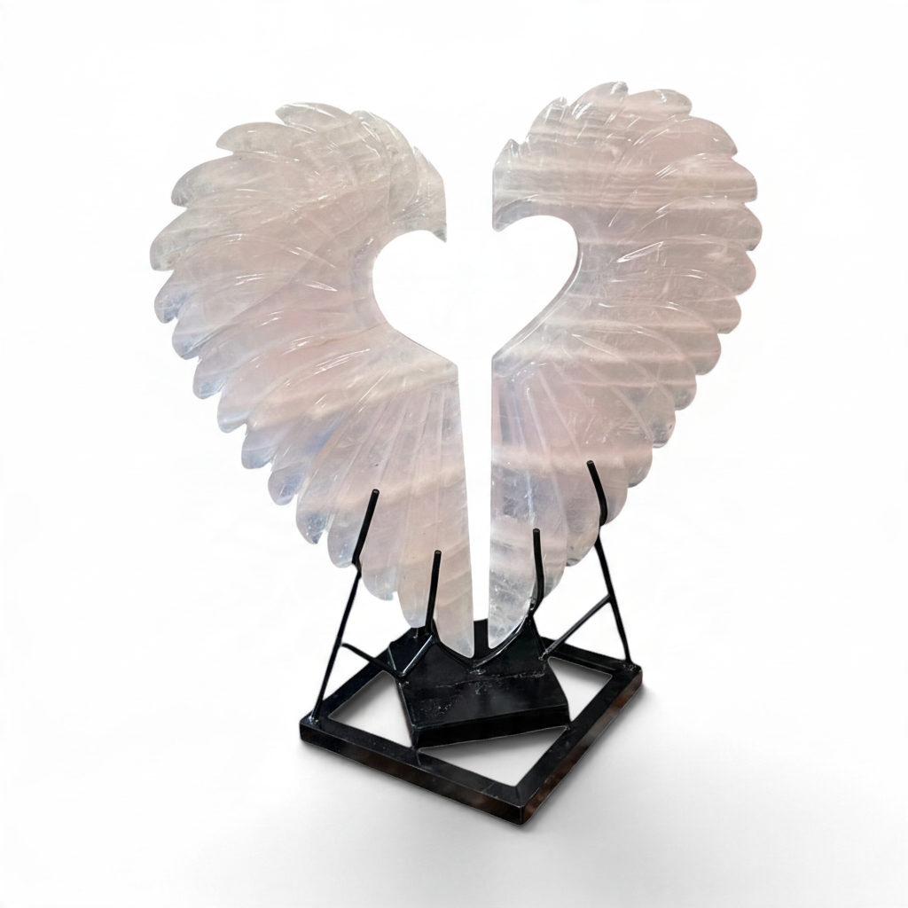 Rose Quartz Wings Carving - Open Heart Design on Fitted Metal Stand
