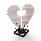 Rose Quartz Wings Carving - Open Heart Design on Fitted Metal Stand
