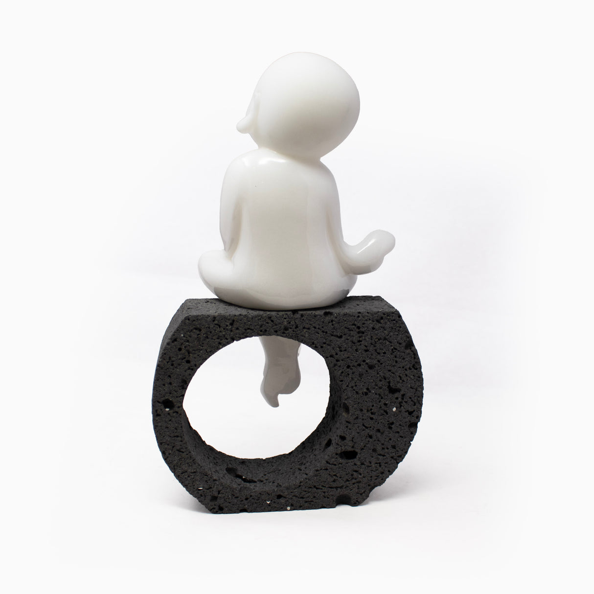 AAA+ White Jade Buddha Carving Sitting on Lava Base