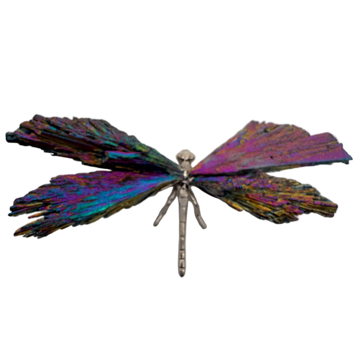 Iridescent kyanite dragonfly with spread wings and metal body, top-down view