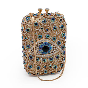 Gold finish evil eye protection jewel purse with peacock blue and clear crystal eyes and gold chain