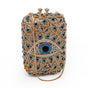 Gold finish evil eye protection jewel purse with peacock blue and clear crystal eyes and gold chain