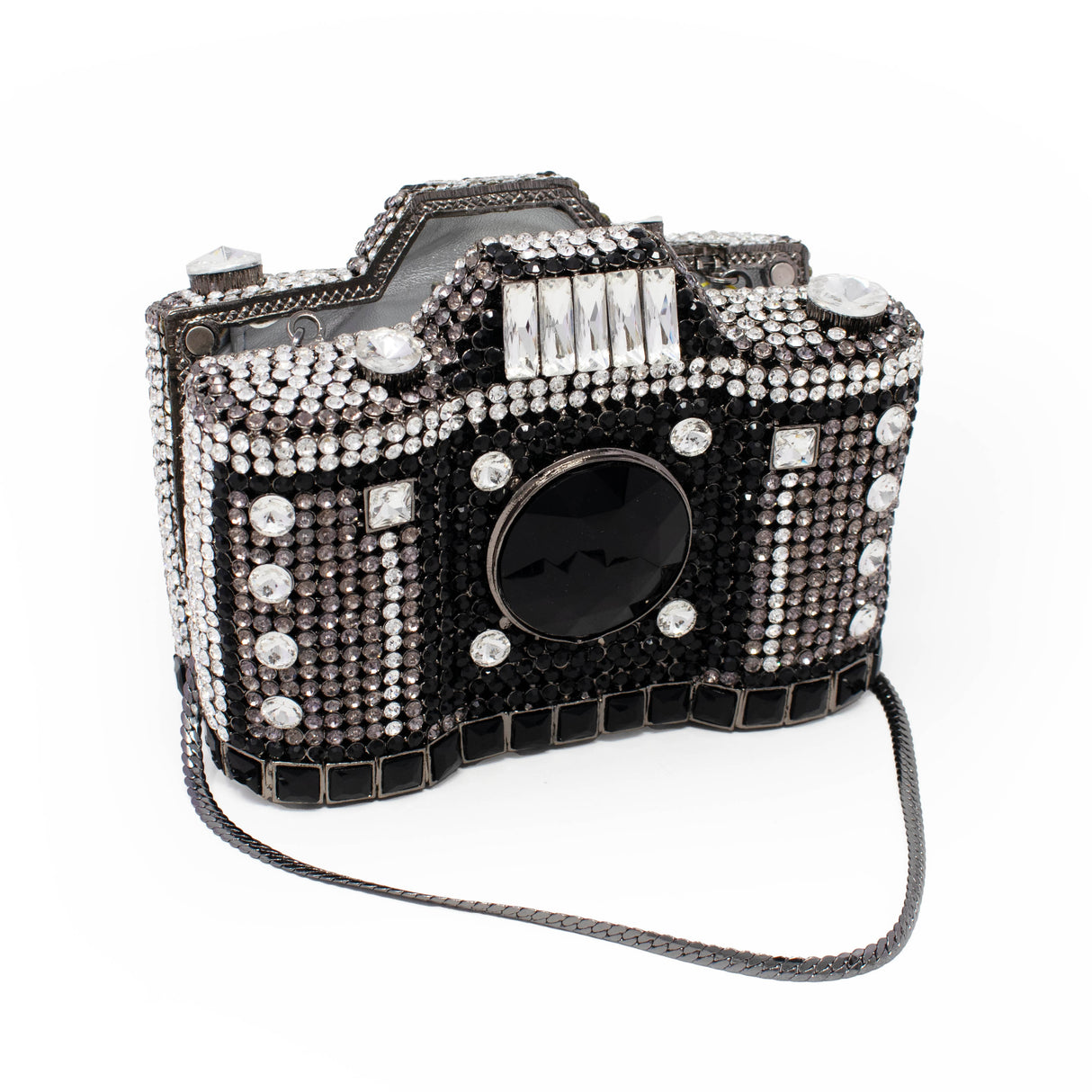 Camera Inspired Jewel Purse with Chain - Black & White