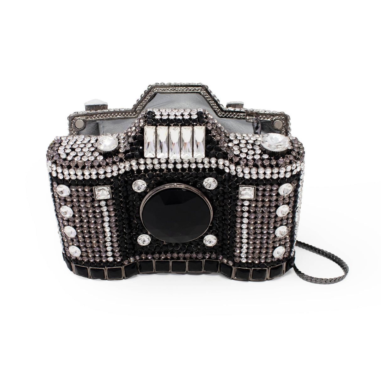 Camera Inspired Jewel Purse with Chain - Black & White
