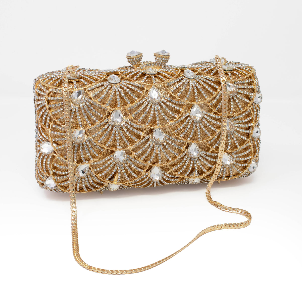 Scallop Design Jewel Purse with Radial Patterns & Chain