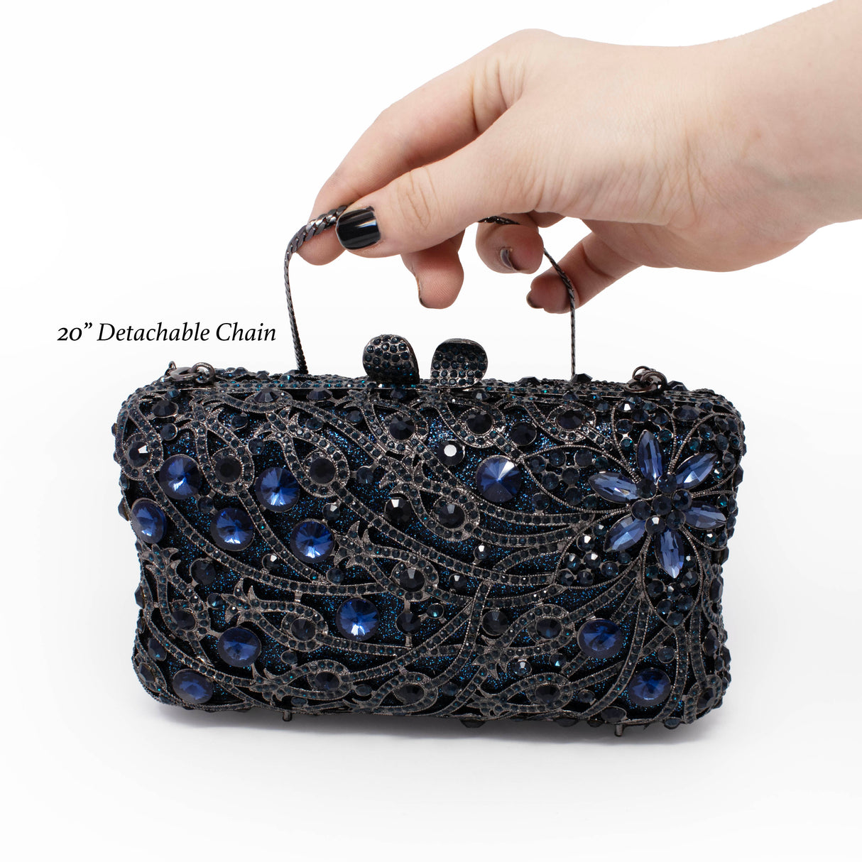 Navy Blue Rectangle Floral Jewel Purse on Gray Gray Case with Chain