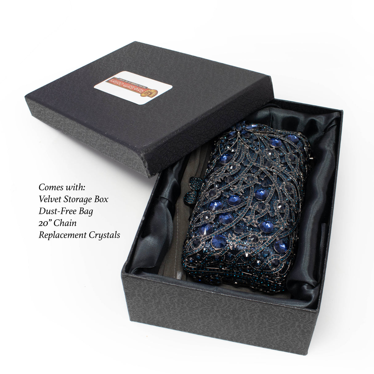 Navy Blue Rectangle Floral Jewel Purse on Gray Gray Case with Chain