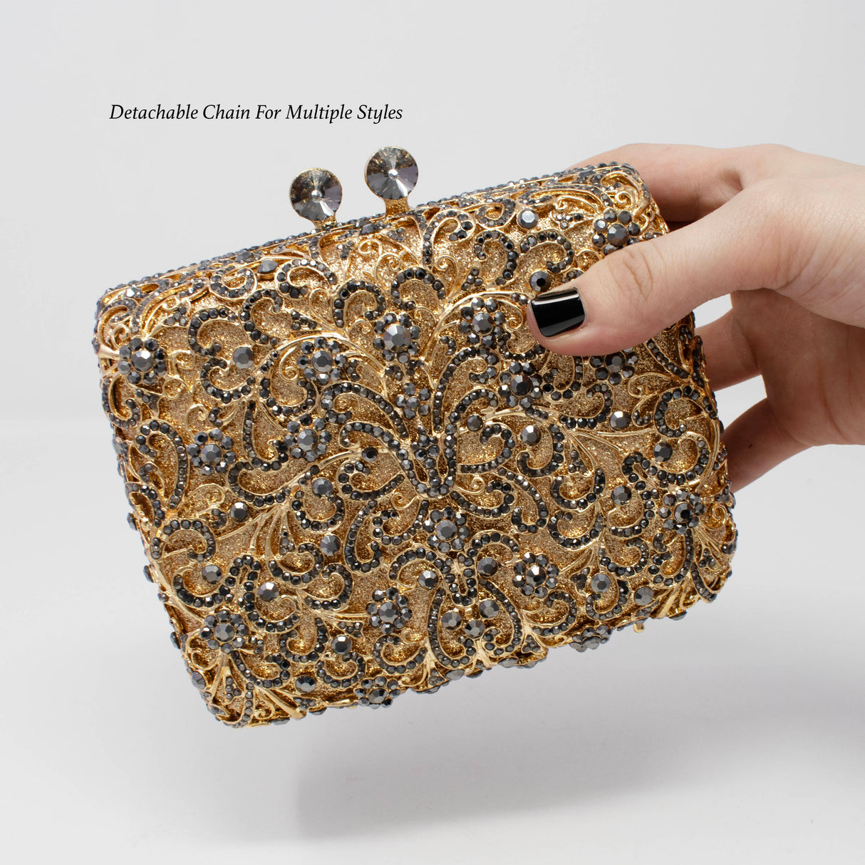 Gray & Gold Floral Jewel Purse with Chain - Square Rectangle