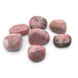 Seven tumbled Peruvian rhodonite stones in dusty pink with gray and black matrix speckling, matte-soft polish