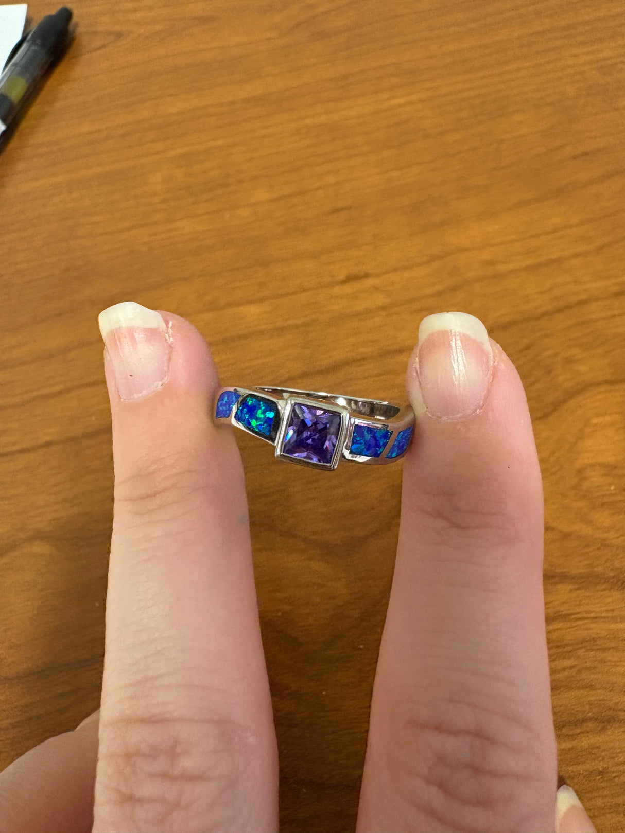Blue Opal Inlay Ring with Princess Cut Amethyst CZ & Wave Movement in Band sz9
