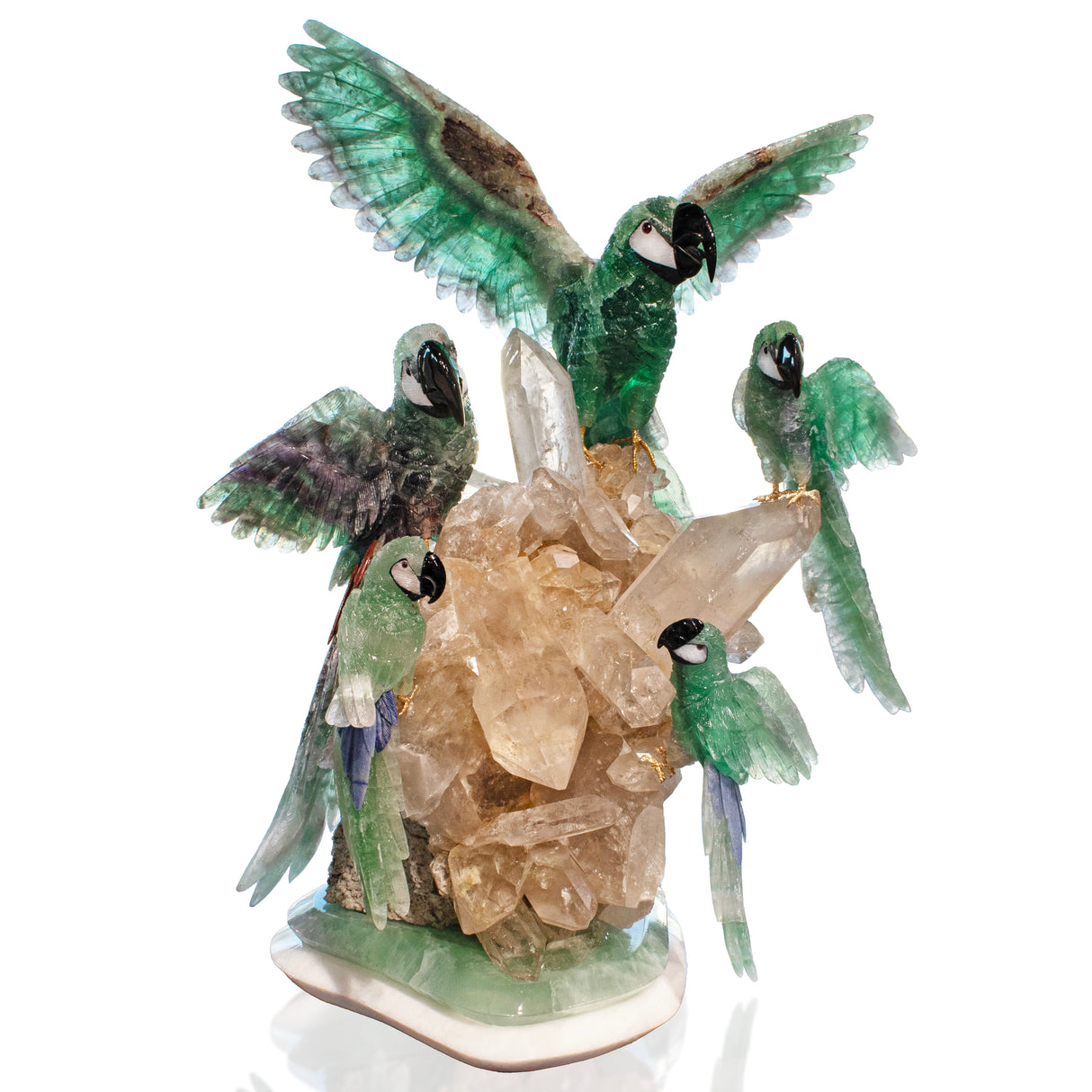 Gemmy Rainbow Fluorite Macaw Family of 5 Perched on Quartz Crystal Cluster Base with Fluorite & Dolomite - Tail Feathers of Blue Quartz and Red Jasper