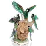 Gemmy Rainbow Fluorite Macaw Family of 5 Perched on Quartz Crystal Cluster Base with Fluorite & Dolomite - Tail Feathers of Blue Quartz and Red Jasper