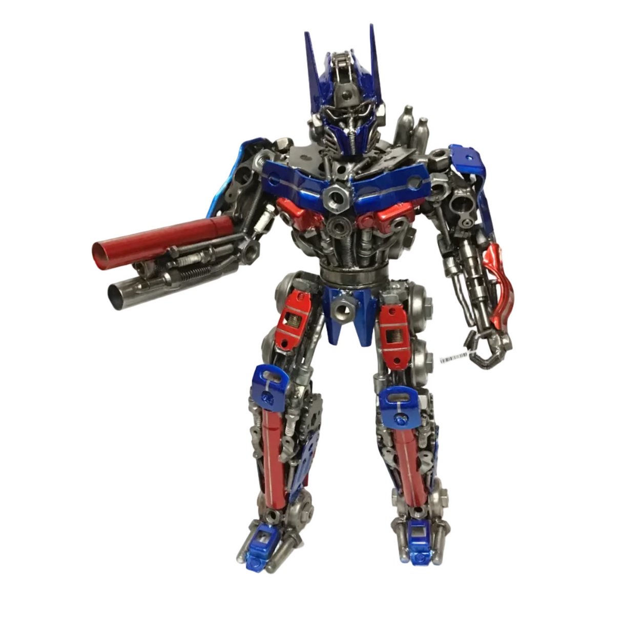 Sci-fi robot statute with red, blue, and silver color scheme on a white background