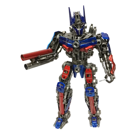 Sci-fi robot statute with red, blue, and silver color scheme on a white background