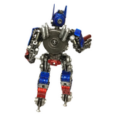 Sci fi robot statue with blue, red, and silver colors on a white background