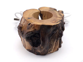 Tree stump lighted base in natural wood with hollowed center and white cord coiled behind