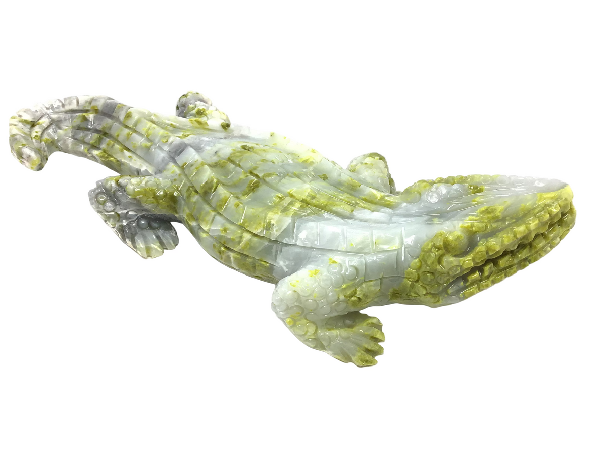 Serpentine Crocodile Carving - Creamy Whites with Green Stripes