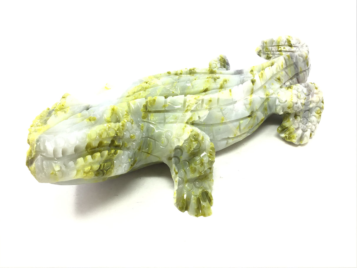 Serpentine Crocodile Carving - Creamy Whites with Green Stripes