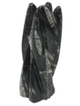 Three-quarter view showing chambered septa lines inside Orthoceras shells on the upright fossil sculpture