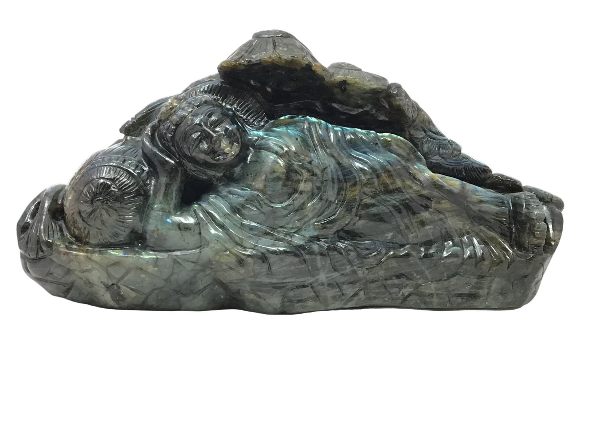 Excellent Flash Labradorite Sleeping Thai Buddha Carving