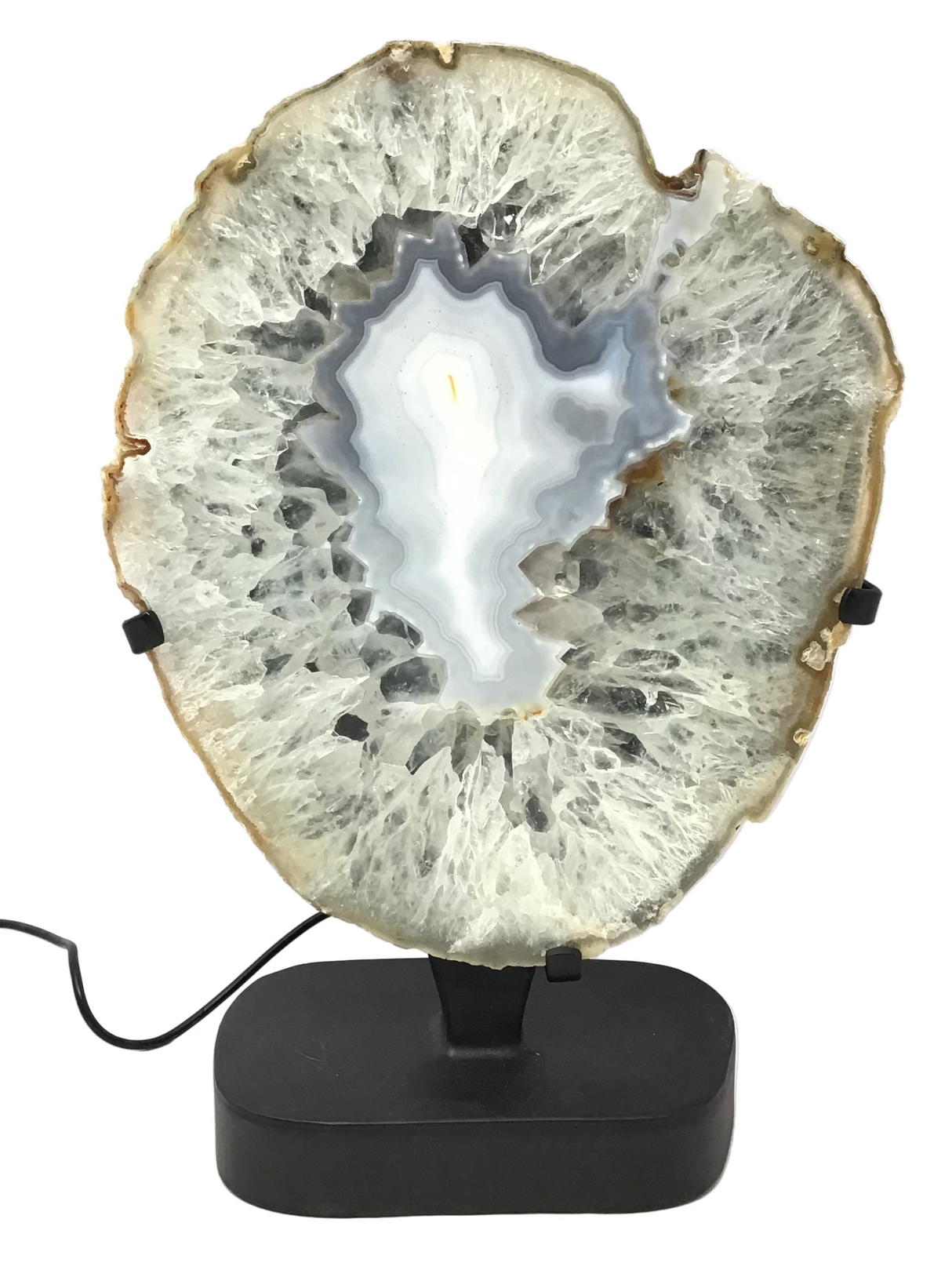 Gray Blue Agate Slice with Quartz Layer On Illuminated Table Stand - Black Freeform Oval