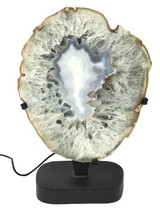 Gray Blue Agate Slice with Quartz Layer On Illuminated Table Stand - Black Freeform Oval