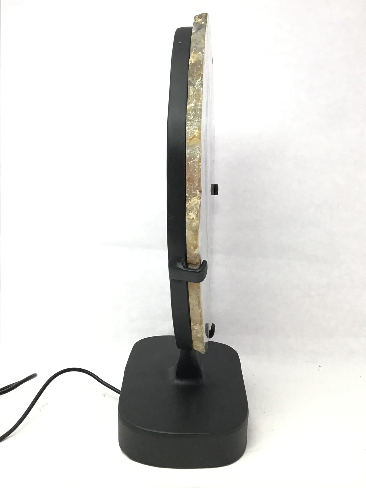 Gray Blue Agate Slice with Quartz Layer On Illuminated Table Stand - Black Freeform Oval