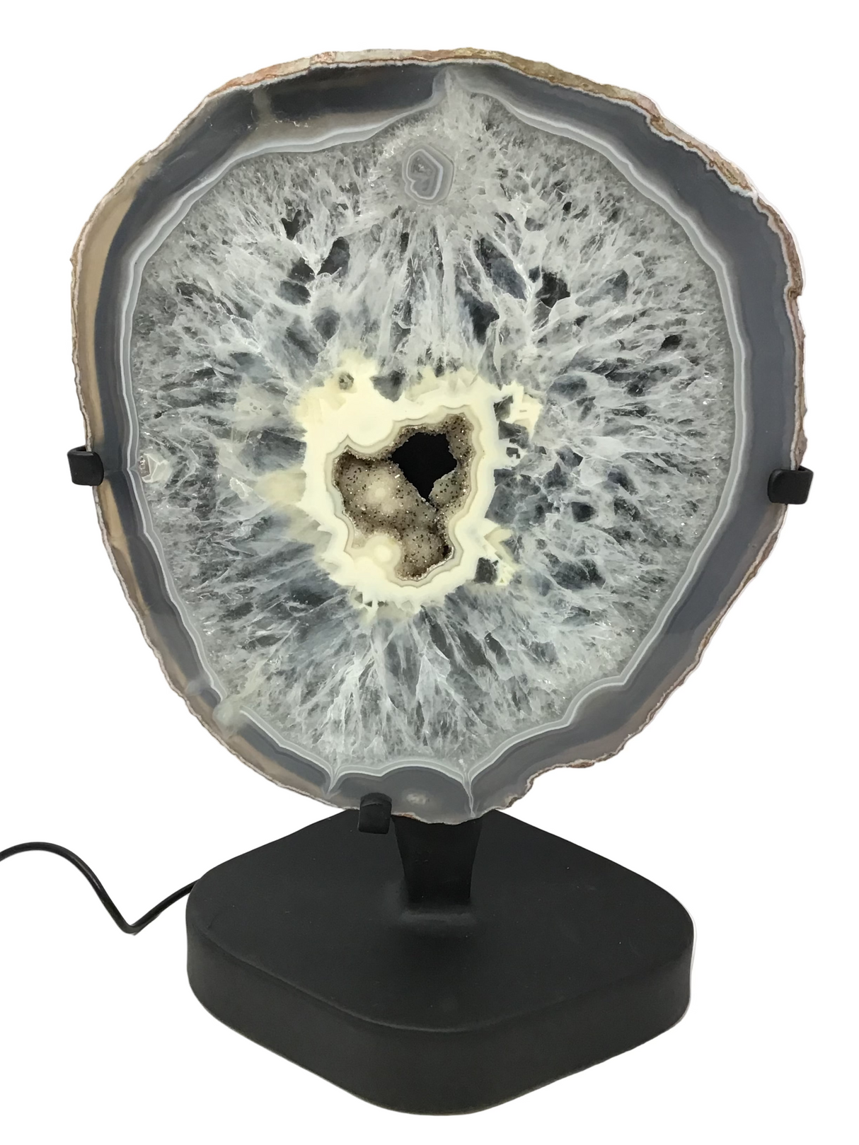 Gray Blue Agate Druze Slice with Cream Agate Center On Illuminated Table Stand - Black