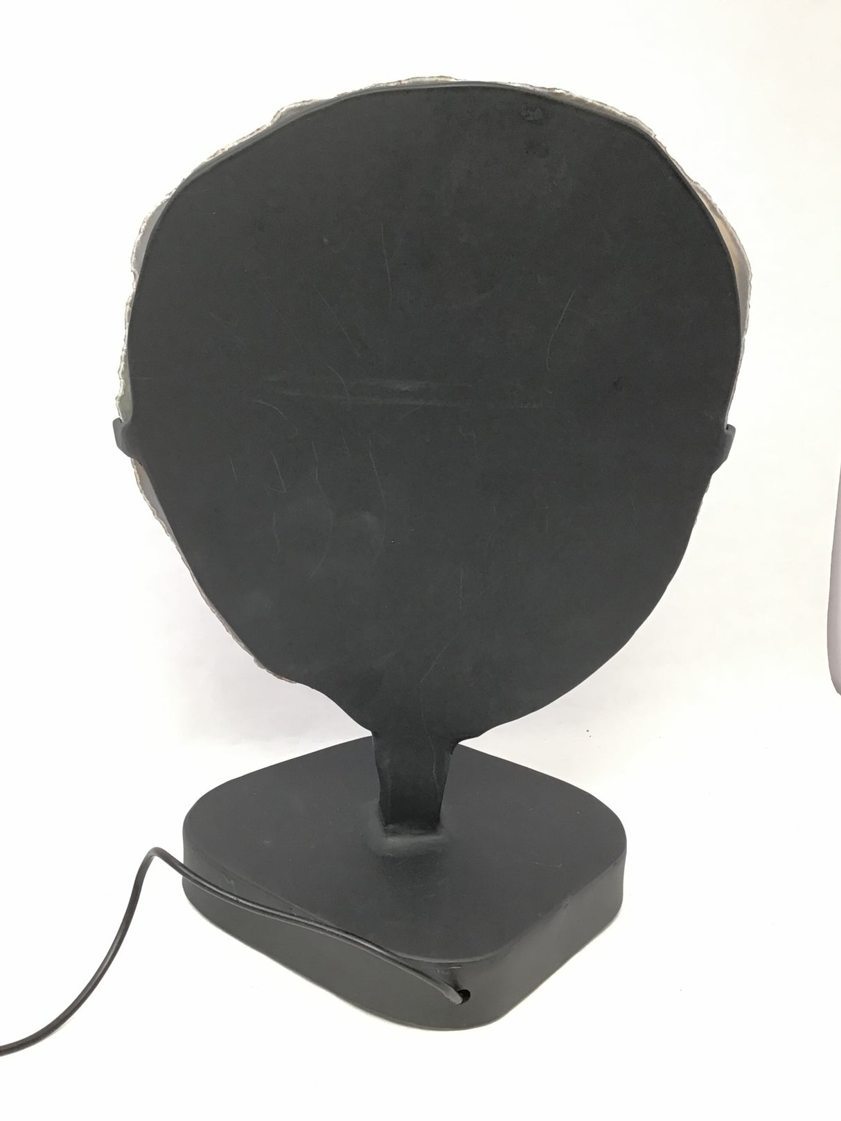 Gray Blue Agate Druze Slice with Cream Agate Center On Illuminated Table Stand - Black