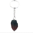 Dark bloodstone point with deep red mottling on silver keychain, angled view