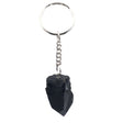 Glossy black obsidian point on silver keychain, front hanging view