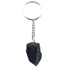 Glossy black obsidian point on silver keychain, front hanging view