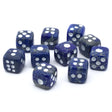 Lapis lazuli dice carvings set of 10 in blue and purple with white dots, arranged on a white background.