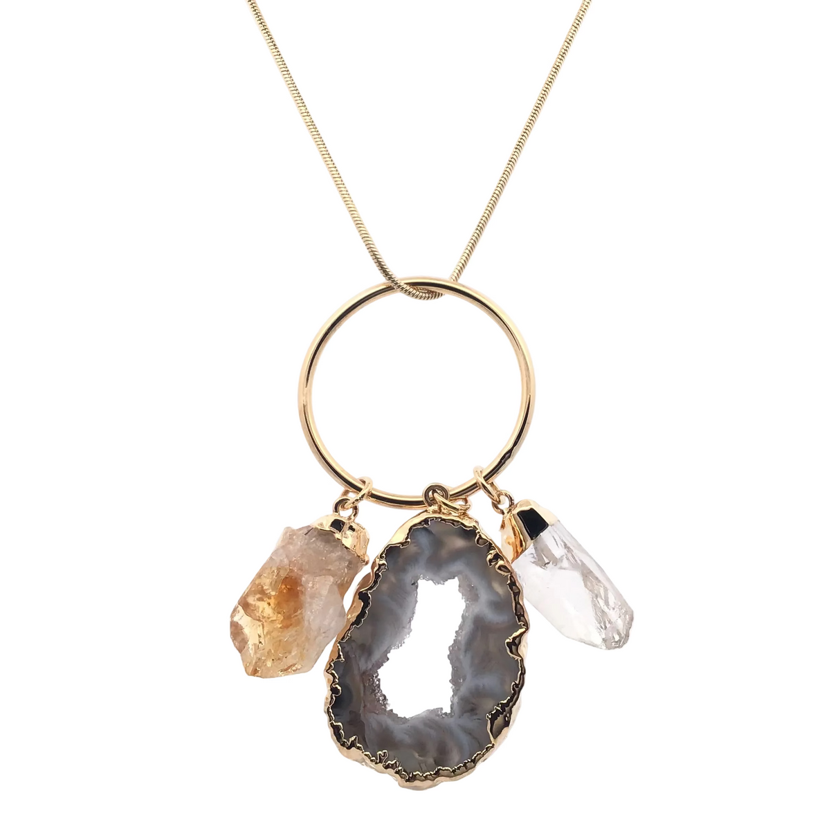 Gold-rimmed gray agate slice with citrine point and clear quartz point on gold snake chain