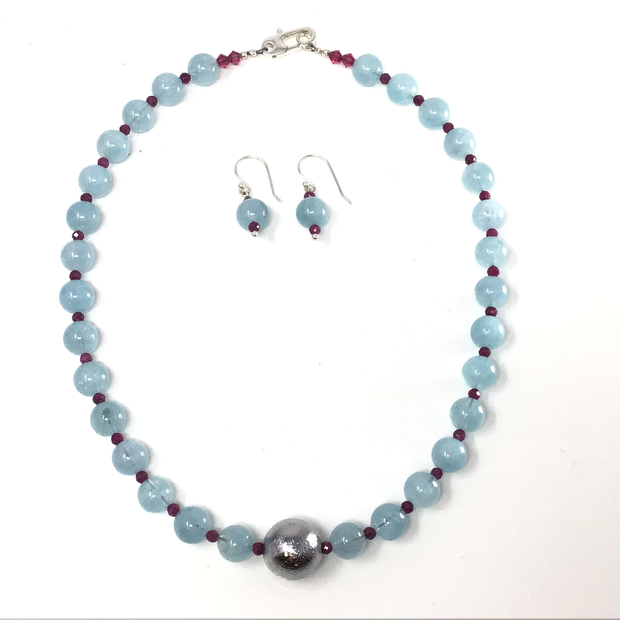 Aquamarine & Muonionalusta Beaded Necklace & Earrings Set with 3mm Faceted Ruby Spacers