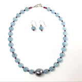 Aquamarine & Muonionalusta Beaded Necklace & Earrings Set with 3mm Faceted Ruby Spacers