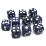 Sodalite dice carvings set of 10, featuring dark blue stones with white dots arranged in two rows.