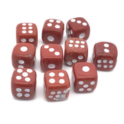 Red Jasper dice carvings set of 10 in reddish-brown with white dots, arranged in two rows on a white background.